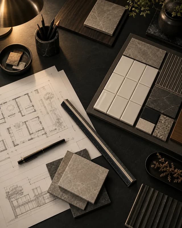 Architectural drawings and ceramic tile samples arranged for surface specification