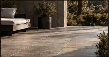 Porcelain tile application with coordinated floor and outdoor surfaces