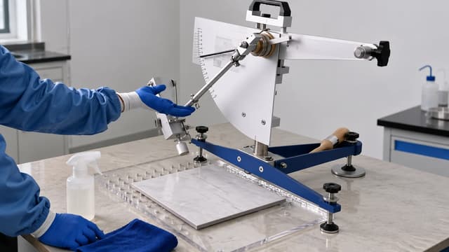 Ceramic tile sample undergoing physical performance testing in a quality laboratory