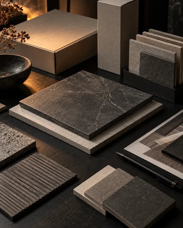 Tile samples showing custom surface, finish and edge options
