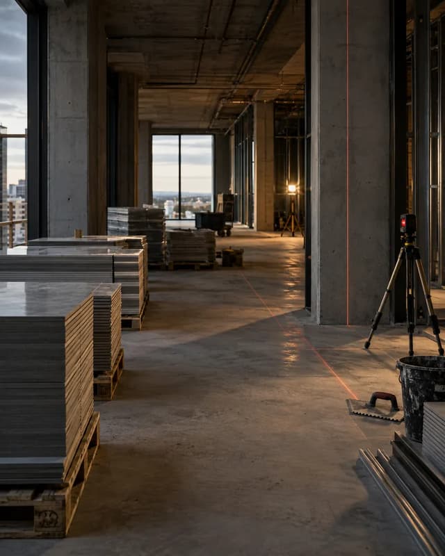 Tile pallets and laser layout equipment at a commercial construction site