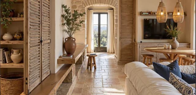 Warm residential interior with ceramic floor tiles and natural wood finishes