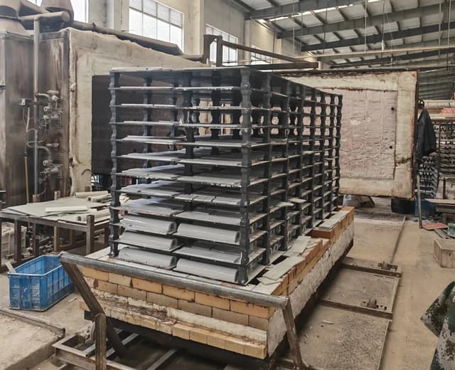 Ceramic tile pieces stacked on kiln racks before firing at the Ceraglow factory in Foshan