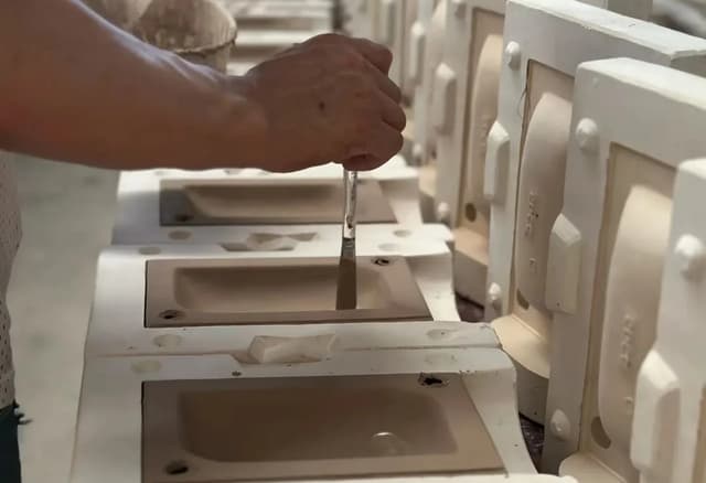 Factory worker applying a manual finish to ceramic pieces at the Ceraglow factory