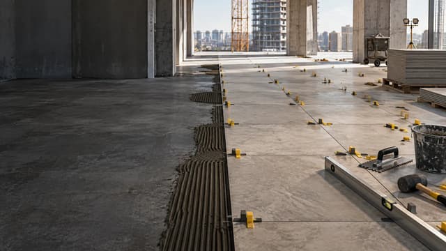 Large-format porcelain floor tiles being installed with professional levelling tools on a commercial project