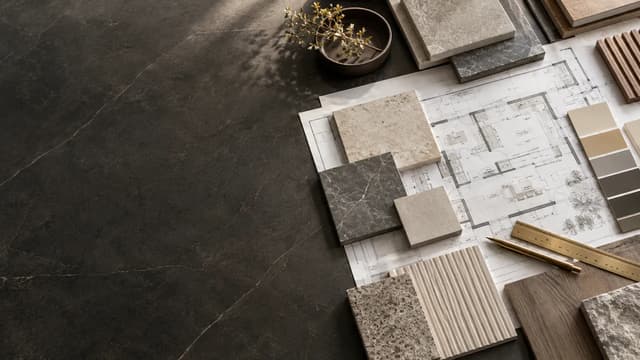 Tile samples, colour references and architectural plans arranged for material specification