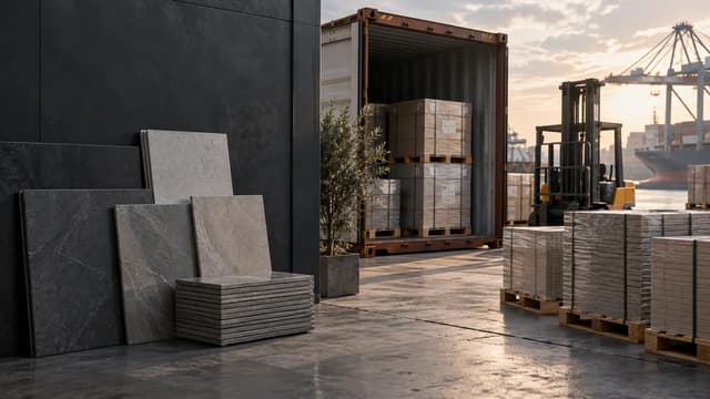 Packed ceramic and porcelain tiles prepared beside a shipping container at an export yard
