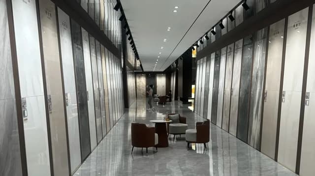 Large ceramic and porcelain tile displays inside a Foshan tile showroom