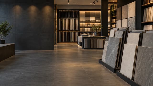 Organised ceramic and porcelain tile displays inside a professional wholesale showroom