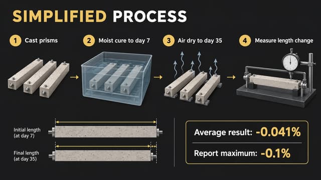 Simplified four-step drying shrinkage test using prism specimens and a length comparator