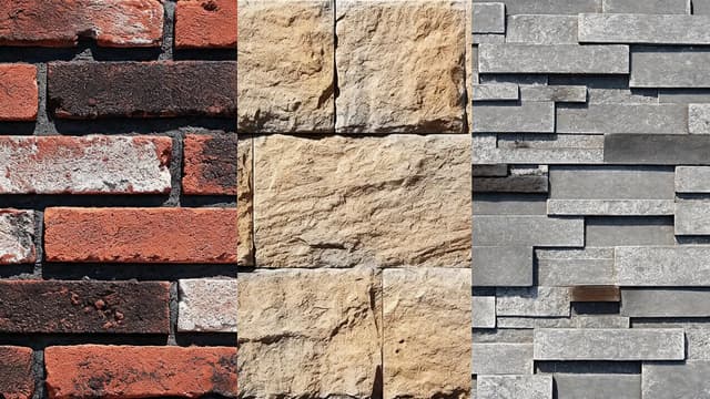 Red brick, beige fieldstone and grey stacked stone veneer texture comparison