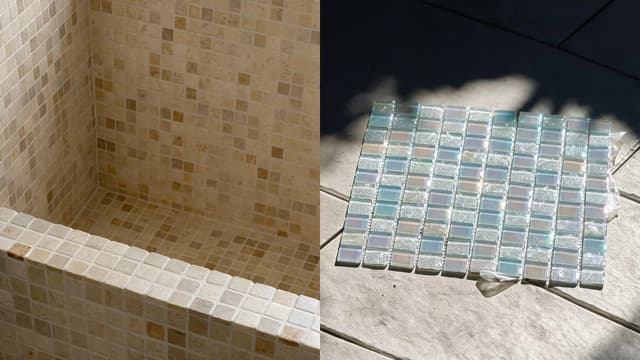 Mosaic tile shower installation and a mesh-mounted mosaic sheet shown side by side