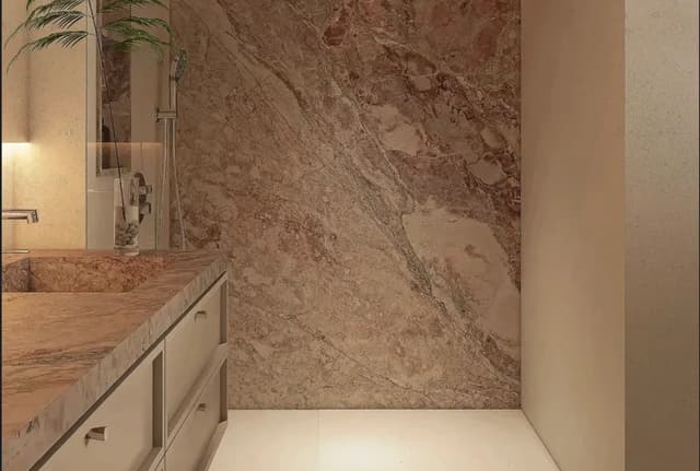 Porcelain and ceramic tile bathroom with shower wall and marble-look surface