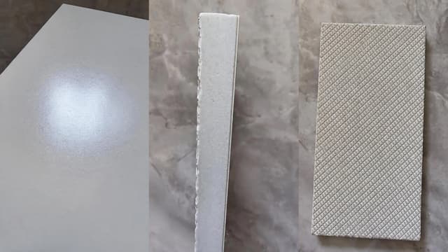 Tile face, body edge and textured back shown for porcelain and ceramic comparison