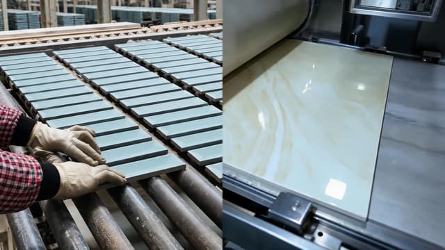 Porcelain and ceramic tile manufacturing processes shown side by side