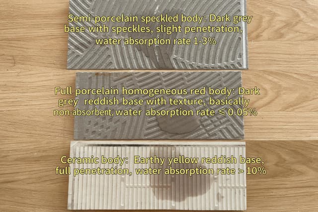 Tile body samples comparing different water absorption characteristics