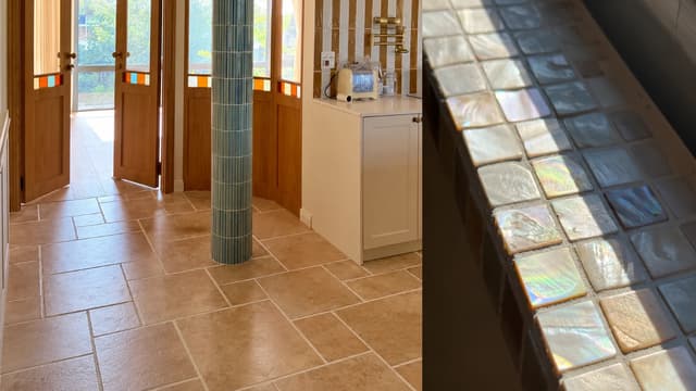 Small-format ceramic tiles used on an interior column beside a close-up of glossy square tiles