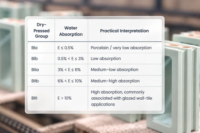 Dry-pressed ceramic tile water absorption chart showing BIa, BIb, BIIa, BIIb and BIII groups