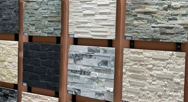 Manufactured stone veneer sample boards in different colours and profiles