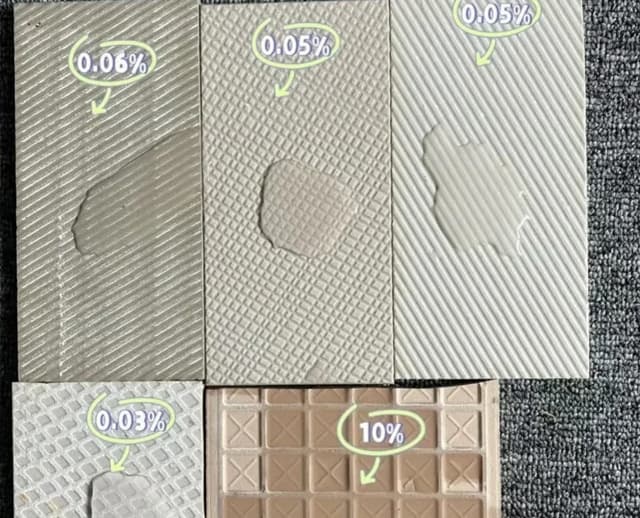 Tile sample backs labelled with different reported water absorption percentages