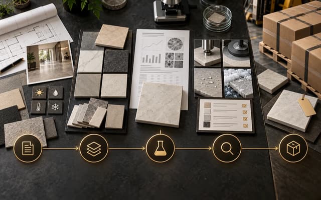 Five-Step Tile Specification Workflow Five-step tile specification workflow from project brief and sample selection to testing, approval and shipment
