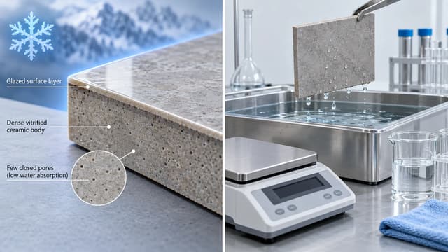 Porcelain tile structure and low water absorption laboratory test for cold climates