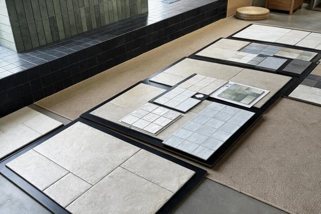 Ceramic and porcelain tile samples arranged for local market product selection